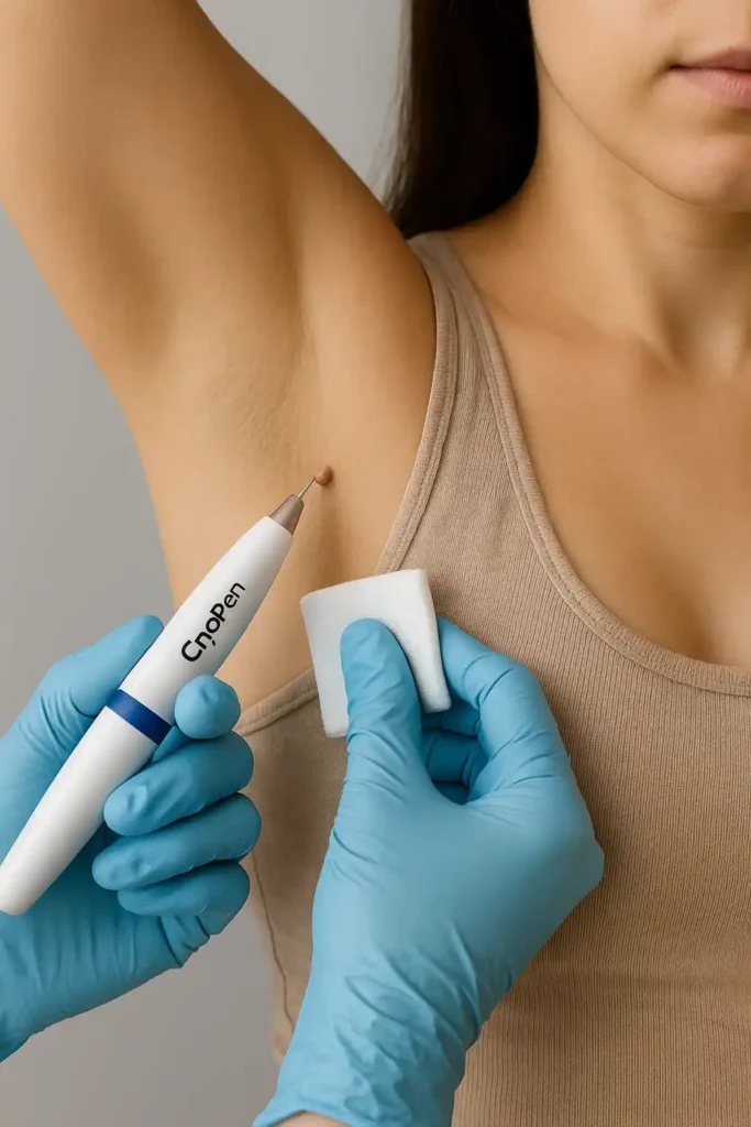 woman having cryopen to remove underarm skin tags Birkenhead