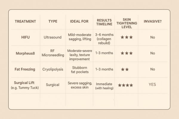 Table showing the comparisons of Skin tightening Birkenhead treatment options. 